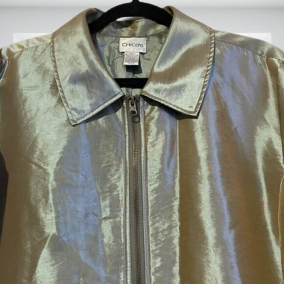 Chico's XL (3) Shimmer Metallic Puffer Jacket Olive Gold Light Zip Up Outerwear - Picture 5 of 11
